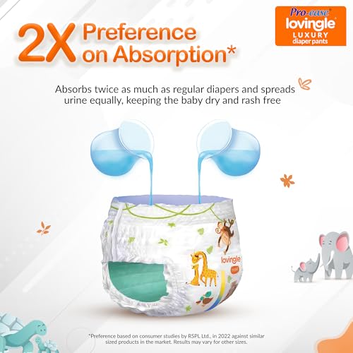 Image of Pro-ease Lovingle Luxury Wrapper Baby Diaper|Pant Style Diaper for Baby|Diaper L Size|2X preference on Absorption*IAdvanced Leakage Protection|Wetness Indicator|Easy Throw Tape|9-14 Kg|50 Pieces.