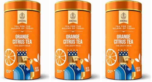 Image of Hindraj The Zesty Raja Orange Green Tea Loose Leaves 100 g Organic Fruit Blend Green Tea Caffeine Boost, Refreshing Citrus Flavor, No Added Sugar (Pack of 3)