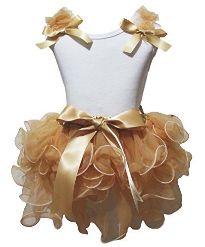 Falda de pétalos caqui para niña combinada con vestido blanco top dorado juego de ropa infantil