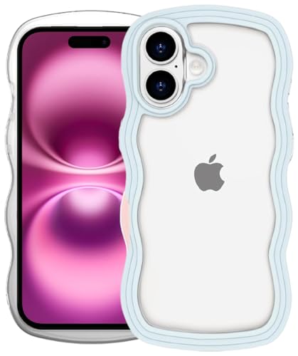 Image of GoldKart iPhone 16 Case Wavy Edge Clear Back Design, Anti-Slip Grip Cute Wave Curly Frame Shape Shockproof Soft TPU & Hard PC Bumper Protective Phone Case Cover for Women Girls - Light Blue
