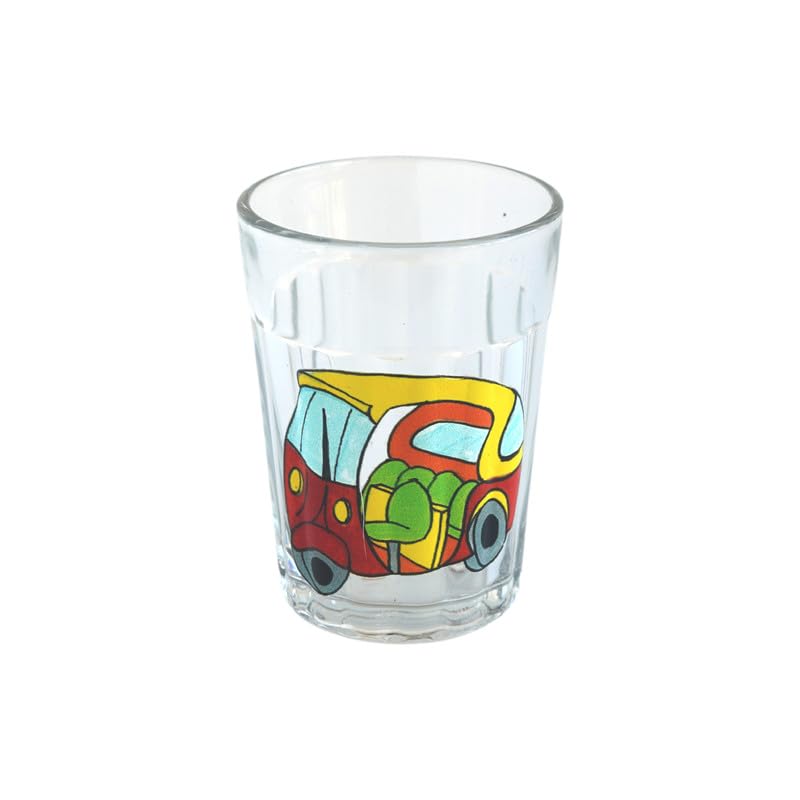 TOPSYTURVY Hand Crafted & Hand Designed Tapri Tea and Coffee Style Glass with Iron Stand (Set of 2, 90ml Each) | Red Auto Rickshaw & Pink Elephant Designs | Kulhad Cups | Cutting Chai Glasses Set 2