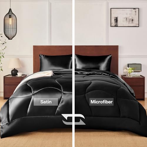 MR&HM Queen Comforter Set Black, Reversible Satin Microfiber Comforter Set for All Seasons, 3 Pieces Non-Slip Silky Soft Bedding Sets with 1 Comforter (90"x90") and 2 Pillowcases (20"x26")