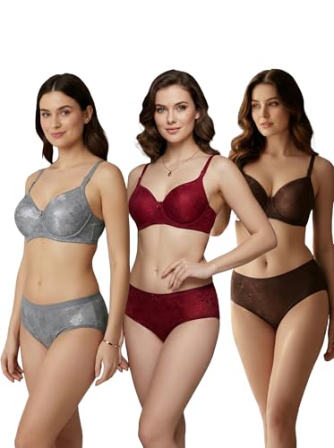 Image of Kinzie Elegant Floral Jacquard Lingerie Set, Grey Brown Maroon Bra and Brief, Comfortable Full Coverage Underwear Set, Padded Bra, Lingerie Set, Honeymoon Bikini Set,