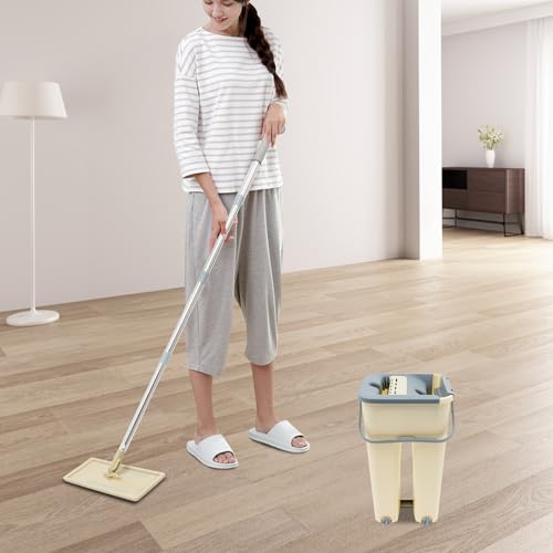 MINRS Bodenwischer, Wischmopp Set mit Eimer mit 10 Mikrofaserbe Wischtücher 360 Grad Drehbare Moppkopf Erhältlich für den Trocken-und Nassgebrauch Zwei-Tank-Design für Wohnungen Einkaufszentren – Bild 6