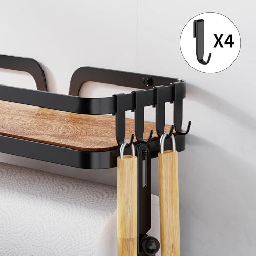 Image of Taozun Paper Towel Holder Wall Mount, Kitchen Paper Holder Spice Rack Black Paper Towel Roll Holder RV Paper Towel Rack with 4 Hooks(2 Installation Methods - Self-Adhesive and Drilling)