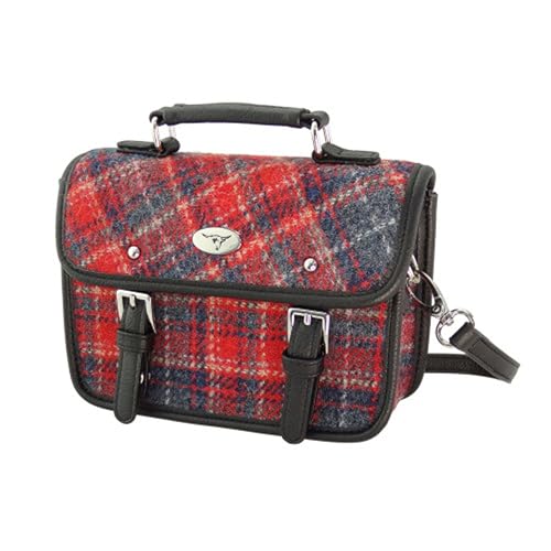 Image of Glen Appin Harris Tweed Bervie Mini Satchel Bag With Adjustable & Removable Shoulder Strap (Red & Grey Tartan)