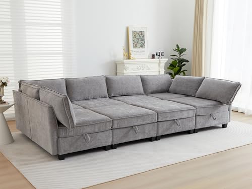 Image of ORRD Oversize Sleeper Modular Sectional Sofa Set, Convertible Couch Bed with Storage, 8 Seater Sofa Modular for Living Room, Office (Grey)