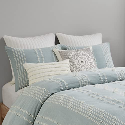 Image of INK+IVY 100% Cotton Comforter Set Trendy Stripe Textured Design, Modern Down Alternative, All Season Cozy Bedding with Matching Shams, Full /Queen, Aqua Reversable Stripes