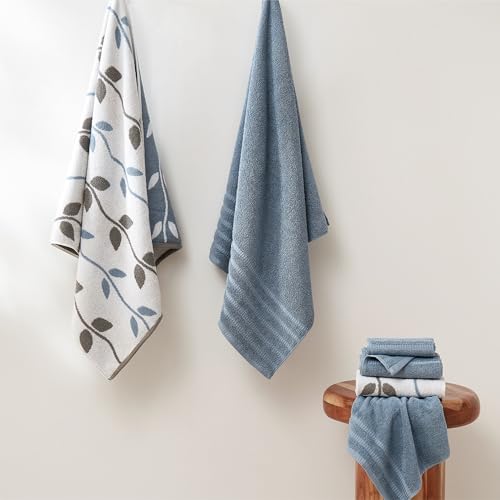 Image of Modern Threads 6 Piece Bath Towel Set - Bathroom Set with 2 Bath Towels, 2 Hand Towels, and 2 Wash Cloths - 100% Cotton, Super Absorbent & Extra Soft - Reversible Natural Vine (Blue)