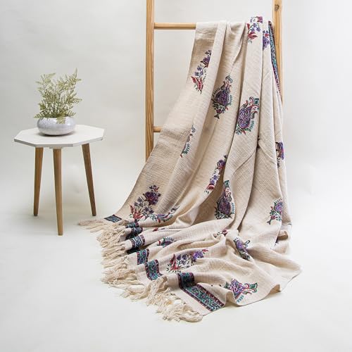 Image of Handmade 100% Cotton Handblock Floral Print Sofa Throw Blanket for Couch & Sofa, Car,Bed 50x60 Inch (Multi-Color 01)