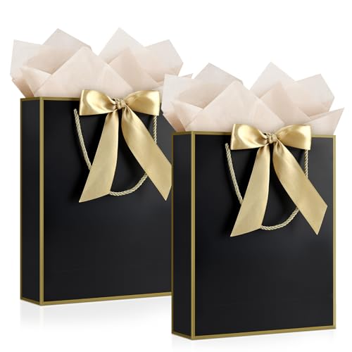 Image of JMANNI Gift Bags with Handles, 11.4 inch Small Mothers Day Gift Bag for Presents, 2 Pcs Bags with 4 Tissue Paper and 2 Cards for Baby Shower Wedding Bridal Shower Mother's Day Birthday Party (black-gold)