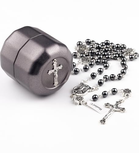 HanlinCC St.Michael Catholic Rosary Necklace Hematite Stone Beads with Metal Cross Glory Beads for Men and Women in Metal Box3