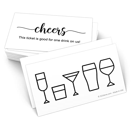 321Done Drink Ticket White, 3.5x2 (50 Pack) Made in USA, Cute Simple Cocktail Design, Good for One Free Drink Voucher Coupon for Weddings, Work Events, Formal Parties, Thick Paper, Double Sided