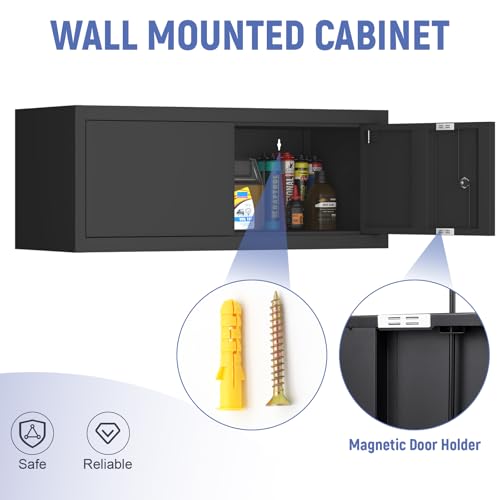 Image of Garage Locking Cabinet, 13 inch H Garage Storage Cabinet Wall Mounted, Floating Storage Organization for RV, Hanging Tool Storage Cabinets for School, Office, Warehouse, Black
