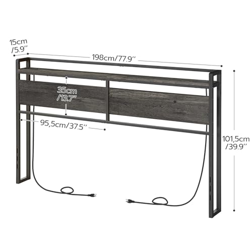 Image of HOOBRO King Size Headboard, Headboard with 2 Outlets and 4 USB Ports, Adjustable Height, Storage Rack, Sturdy and Stable, Easy Assembly, Charcoal Gray and Black