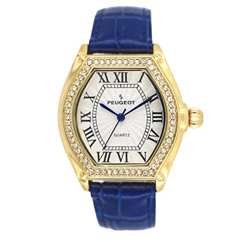 Peugeot Women's 14K Gold Plated Watch - Barrel Shaped Crystal Studded Bezel and Leather Wrist Strap (Blue)