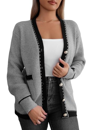 YKMBFEQC Cardigan Mujer Suéter Tipo Cárdigan Abierto Ligero para Mujer Jersey De Punto Grueso Aran Cárdigan Negro con Bolsillos Cárdigan Holgado Informal De Largo Medio para Mujer Abrigo Gris M