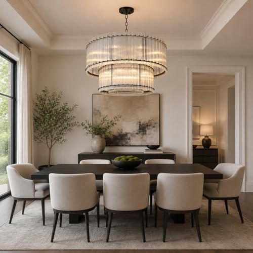 Image of 48-Inch Ripple Glass Chandelier, 3-Tier 20-Light Large Black Round Chandelier for Dining Rooms, Living Rooms, Foyers, Staircases, Open-Concept Spaces & High Ceilings