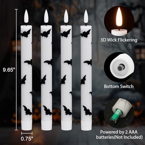 Image of Halloween Flameless Taper Candles Battery Operated with Remote and Timer, Real Wax 3D Wick Flickering LED Taper Candle Bats Decals Dinner Table Halloween Decor(4 Pack, 0.78 inchD x 9.64 inchH)