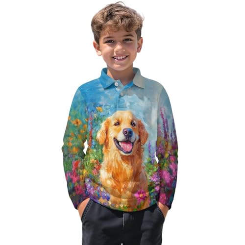 Kids Oil Painting Golf Shirts Size 3-16 Boys 1/4 Button Long Sleeve Collared Tennis Outfits Soft Outdoor Tops