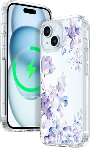 Image of VONZEE Clear Transparent Flower Case Compatible with iPhone 15 (6.1 inch), Shockproof Floral Design PC+TPU Back Cover, Full Camera Protection Slim Protective Phone Case for Women & Girls, Purple