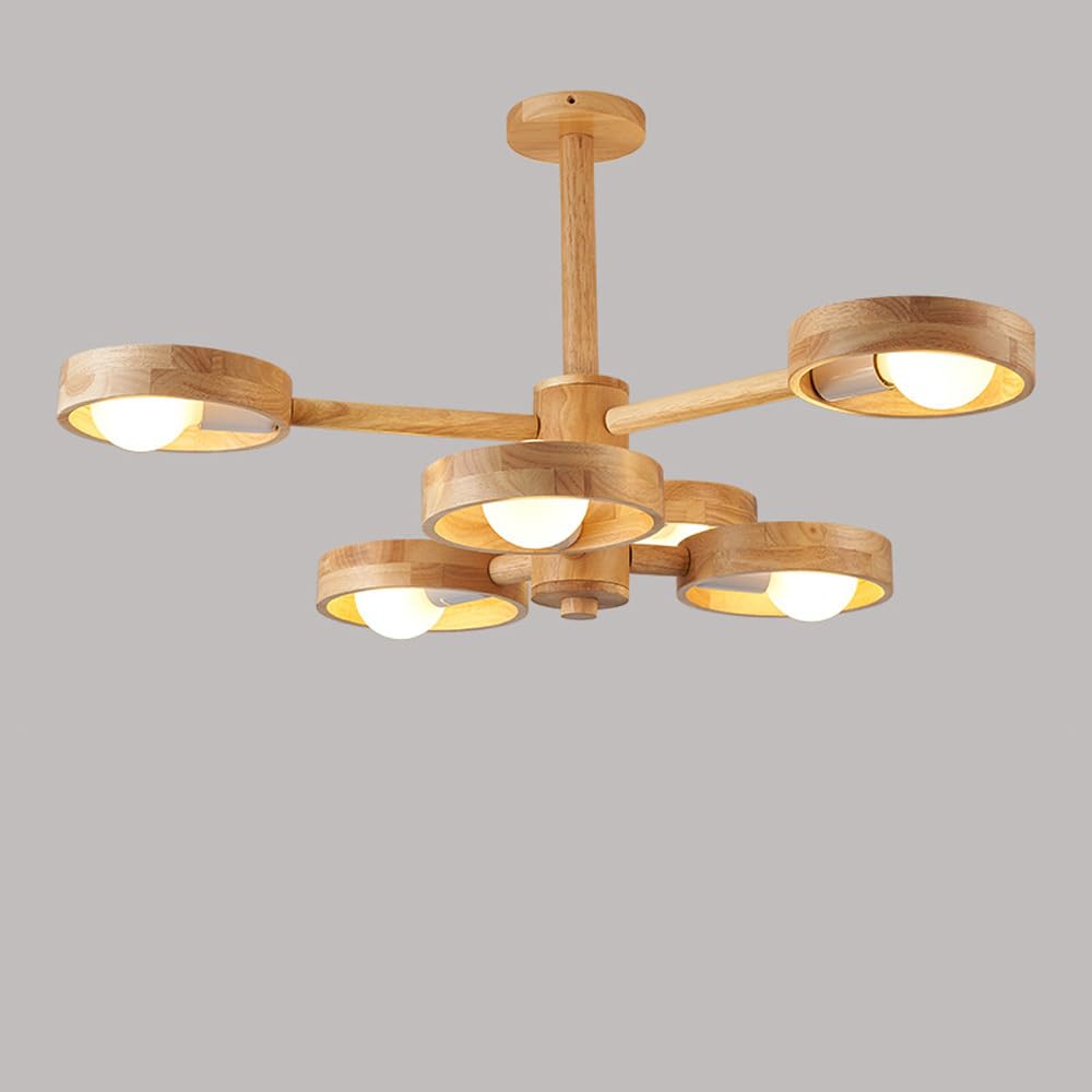 Luminaire suspendu Spoutnik 6 lumières, lustre rond bois style industriel pour salon