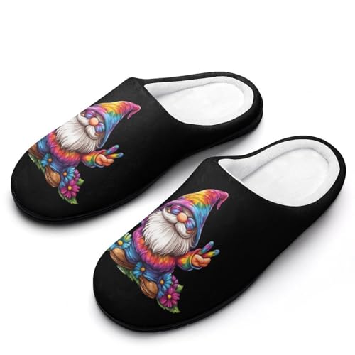 Tie-Dye Gnome Peace Sign Womens Cotton Slippers Warm House Shoes for Indoor Outdoor