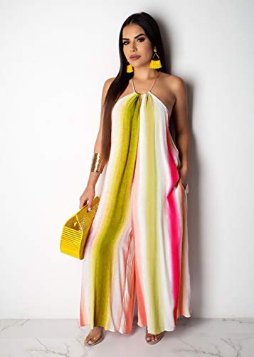 Bestgirl Women's Casual Loose Plus Size Jumpsuits Stripe Print Spaghetti Strap Wide Leg Pants With Pockets Medium Multicolored-5 #TOP4