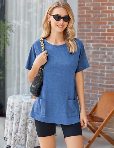 Image of Ekouaer Women 2 Piece Lounge Set Crewneck Tshirt Biker Short Summer Outfit | Summer Loungewear, Lightweight, Dual Front Pockets, Travel Airport Outfit, 2026 Summer Matching Set, Everyday Casual