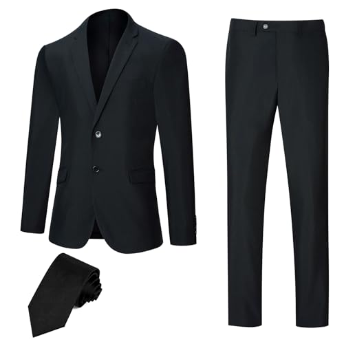 JIKHONEY Men's Suit Slim Fit 2 Piece Suits for Men, Two Button Blazer Jacket Pants Set with Tie for Wedding Business Dinner Black