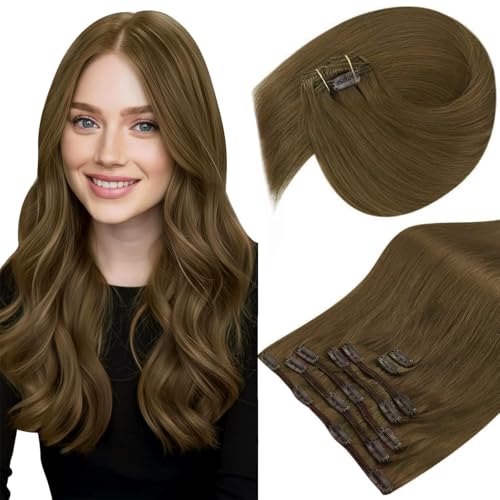 Image of Sunny Hair Clip in Hair Extensions Real Human Hair Light Ash Brown 14 Inch | Remy Human Hair Clip in Extensions, Lightweight Comfort for Fine Hair, Natural Looking for Everyday Wear 105g