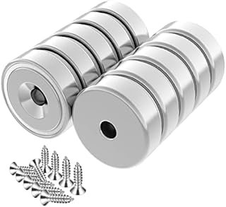 Wukong 10 Pieces Magnets 20 X 7 mm Force 22 Lbs, Strong Magnet with Countersunk Hole and Steel Capsule, Tiny Magnets with 10 Mounting Screws for Whiteboards Refrigerator Kitchen Workplace