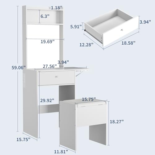 Escritorio de tocador con panel plegable espejo LED y cajones 3