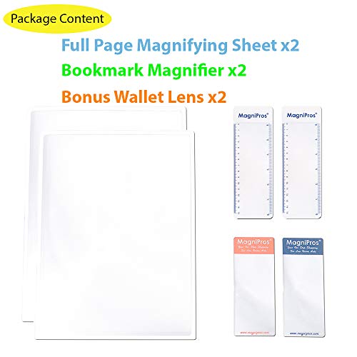 MagniPros(2PACK) Large Full Page 3X Premium Magnifying Sheet Fresnel Lens 7.5\" X 10.5\"+2 Bonus Ruler Magnifiers+2 Bookmark Lenses-Best Magnifying Set for Reading Small Prints & Low Vision Seniors