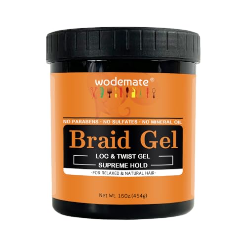 wodemate Gel de tresse fort pour torsades, Locs, tresses et bords | Gel coiffant brillant et fixateur de contours | Fixation Extrême, Non Grasse, Tames boucles | 16OZ