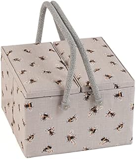 Hobby Gift Exclusive Large Twin Lid Sewing Craft Hobby Storage Box, Accessories Tray Pin Cushion Pockets PVC Handles, 25 x 25 x 17cm, Grey Dogs