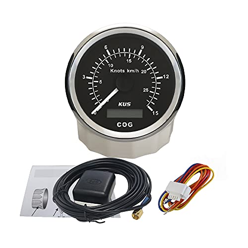 KUS Universal-GPS-Tacho, 15 Knoten, 28 km/h, Geschwindigkeitsmesser, für Boote, Yachten, 85 mm, mit Hintergrundbeleuchtung, schwarz, 9–32 V