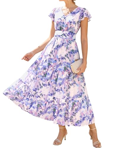 GRACE KARIN Women Summer Dress,Maxi Floral Dresses,V Neck Wedding Guest Flowy Dress 2026 Purple Dotted Flowers L