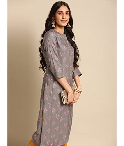 Image of rangita Grey Rayon Calf Length Printed A-line Kurti for Women | Kurta for Women