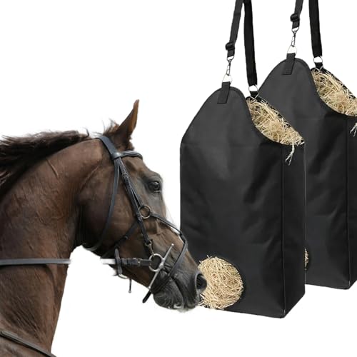 XONYOOM 2 Pcs Goat Hay Feeder Horse Hay Bags Large Capacity Feeding Bag, Hay Nets Slow Feed Hay Bag Less Hay Waste Tote Bag with Metal Ring and Adjustable Strap for Sheep, Goats, Horses
