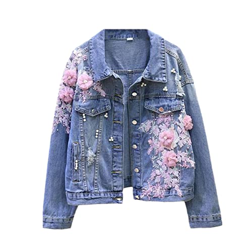 Veste en jean femme XXL rose - Blouson denim brodé fleurs et perles