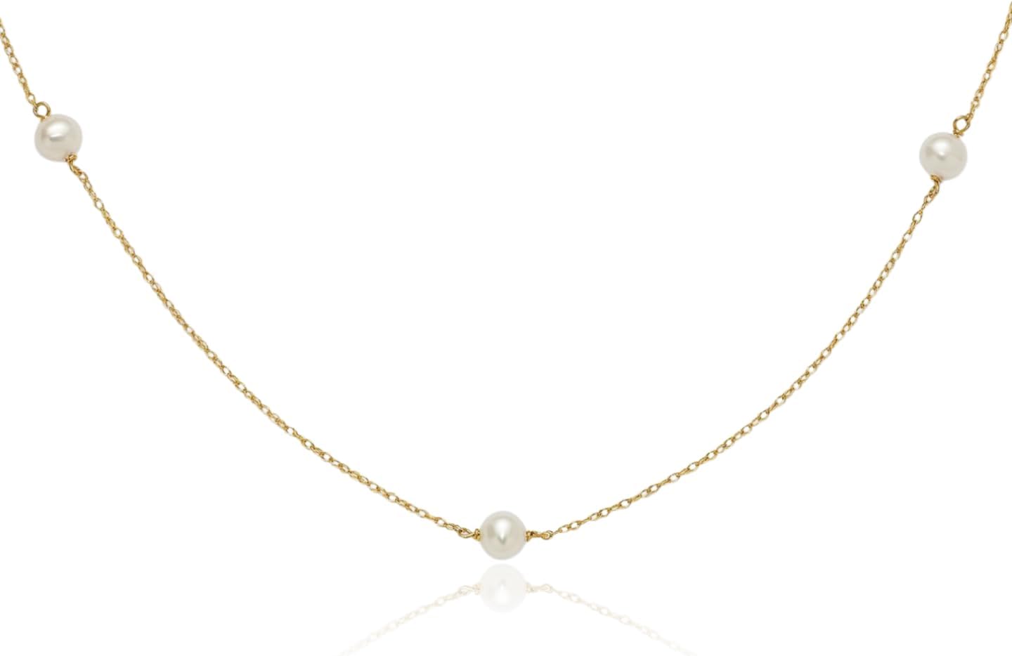 IceCarats 14K Solid Yellow Gold 4mm Freshwater Pearl Station Cable Chain Necklace 15.25 inch Prong Set For Her