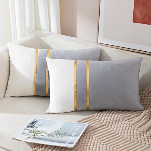 ZLINA Set of 2 Velvet Decorative Lumbar Pillow Covers Grey White Patchwork with Gold Leather Pillow Covers 12 × 20 Inch Cushion Covers Decor Living Room Sofa Bedroom Car