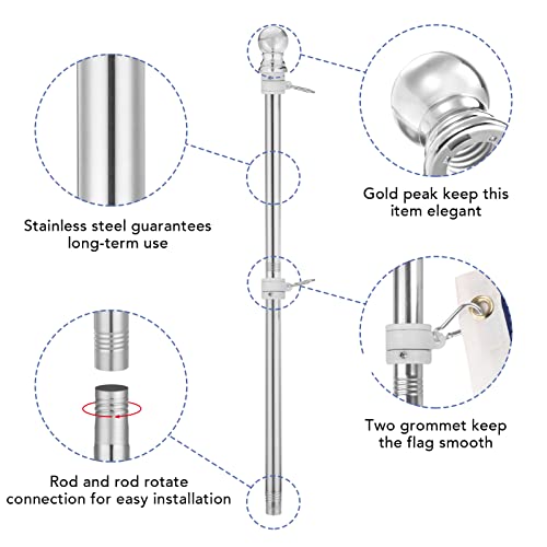 Yeesun Flag Pole,6FT American Flag Pole & Bracket-Suitable for 3 x 5 Flags Holder for House Porch & Outdoor,Tangle Free and Wall Mount Flag Pole Kit (Without Flag,Silver)