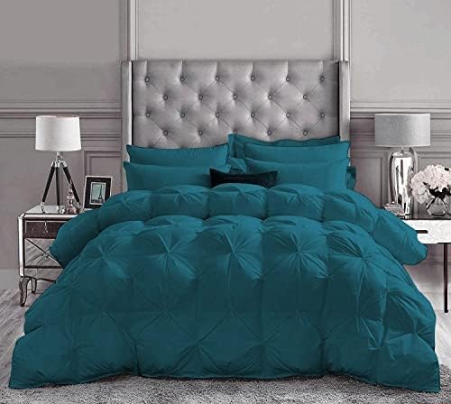 BEDICIA Soft 1000 Series Pinch 500 GSM Teal Blue 3 Pieces Pinch Pleated Oversized Queen Comforter Set (Comforter + 2 Pillow Cases) Egyptian Cotton Bedding Set