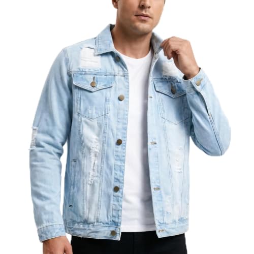 Image of Mens Denim Jacket Ripped Slim Jean Jacket Coat for Men