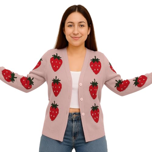Noni Women's Strawberry Floral Cardigan Long Sleeve Open Front Button Down V Neck Knitted Sweaters Cardigan Sweater3