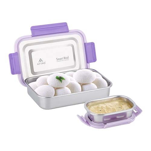 Image of ATTRO Smart Meal Big Stainless Steel Lunch Box with 1 Small Container Airtight Spill-Proof BPA Free Food Grade Ideal for Office, School, Picnic, 950ml+170ml- Violet