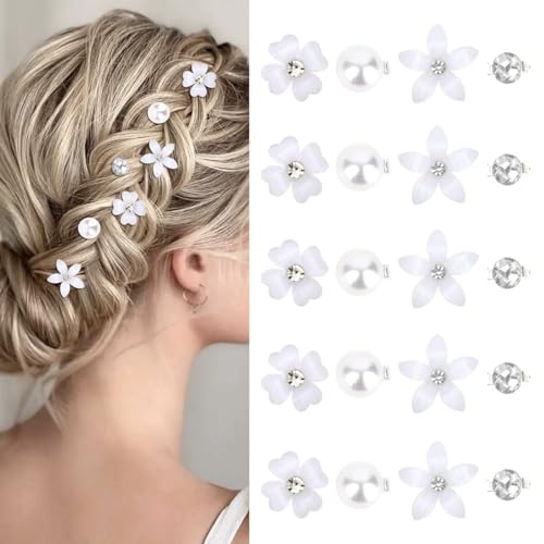 20 Mini Fermagli per Capelli con Fiori Bianchi e Strass in Metallo, Graziosi Fermagli per Capelli con Perle per Donne e Ragazze, per Matrimoni e Occasioni Speciali (4 Motivi) (Bianco)
