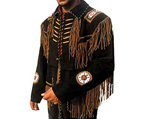 Seasonal Men's Western Suede Leather Jacket with Fringe and Beaded Native American Jacket